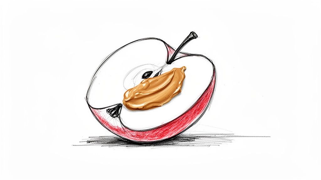 A hand-drawn apple sketch, cut in half, with a dollop of creamy peanut butter inside.