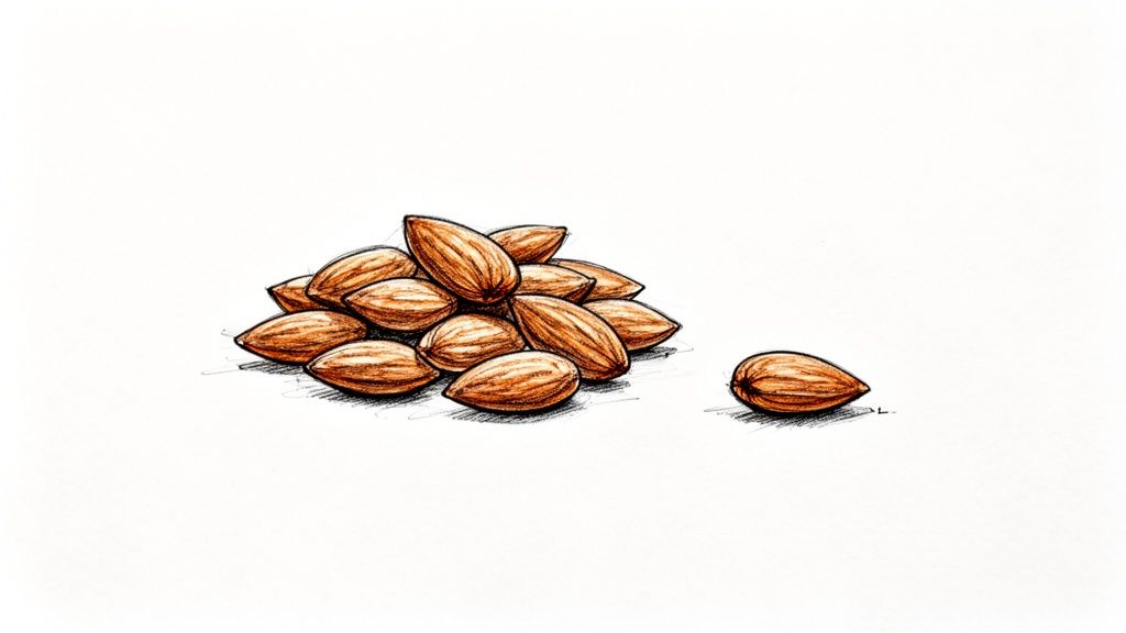 A hand-drawn illustration depicting a small pile of brown almonds, with one almond slightly separated.