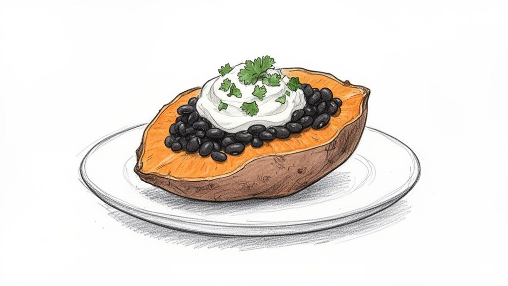 A baked sweet potato half filled with black beans, sour cream, and cilantro on a white plate.