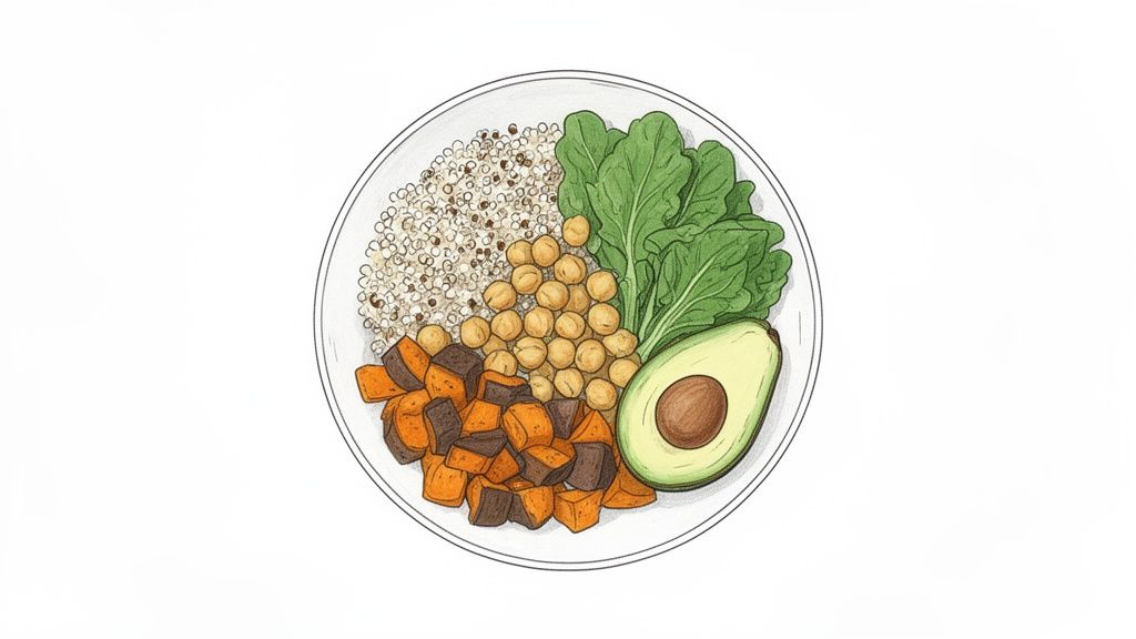 A healthy vegan Buddha bowl with quinoa, chickpeas, sweet potatoes, greens, and avocado.