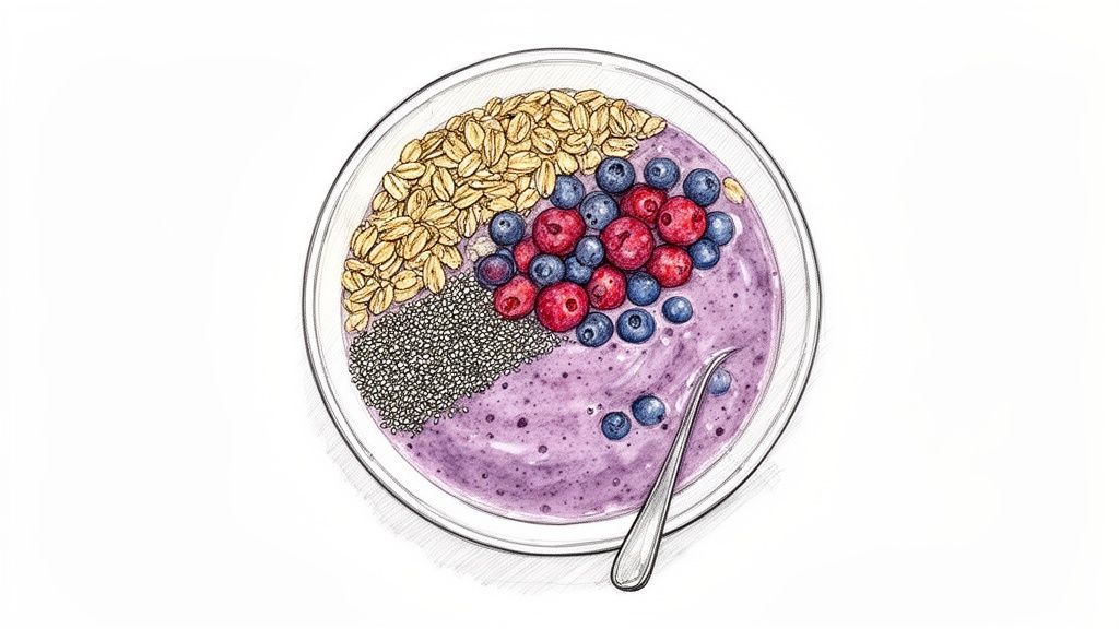 An illustrated top-down view of a vibrant smoothie bowl with berries, oats, chia seeds, and a spoon.