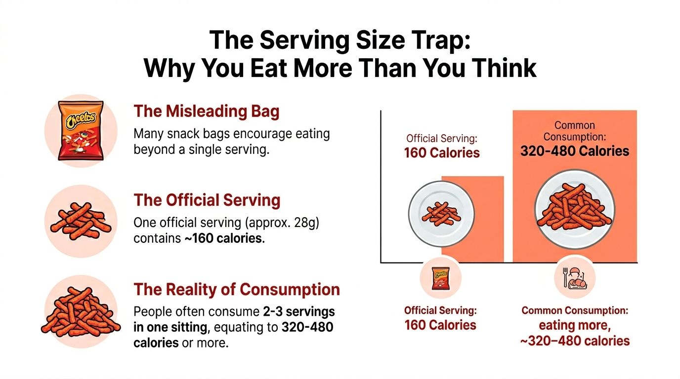 An infographic comparing the official 160-calorie serving size of Cheetos with typical consumption of 320-480 calories.