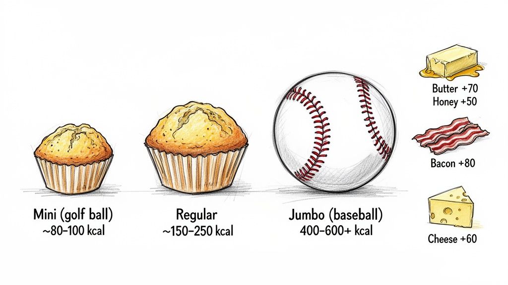 Visual guide comparing calorie content of mini, regular, and jumbo muffins to a baseball, with added calories from toppings.
