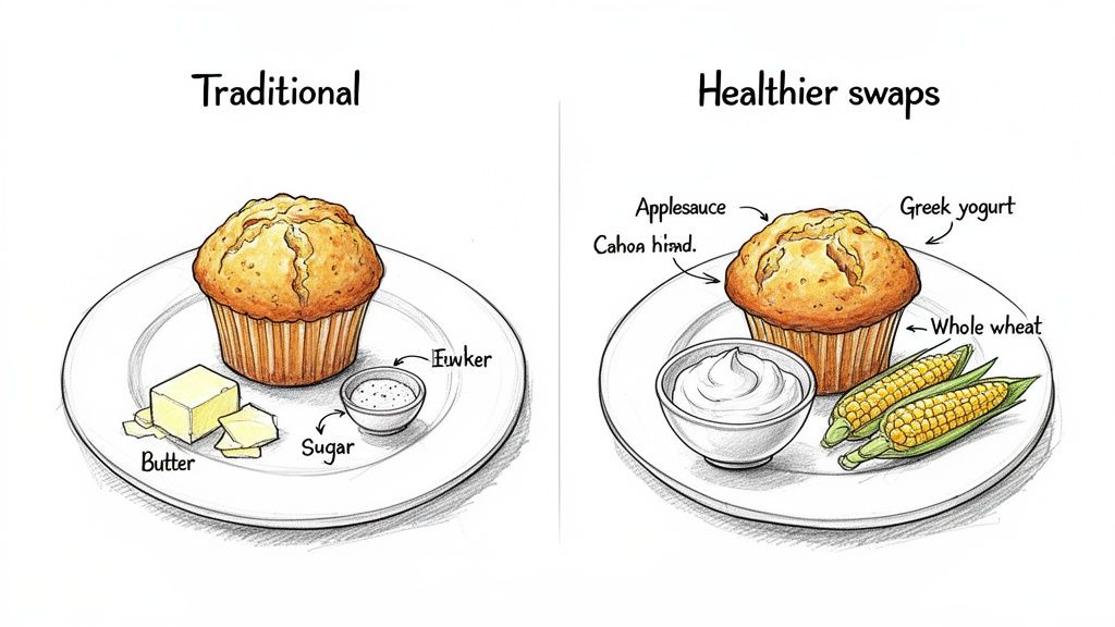 Comparison of traditional muffin with butter and sugar versus healthier swaps with applesauce and Greek yogurt.