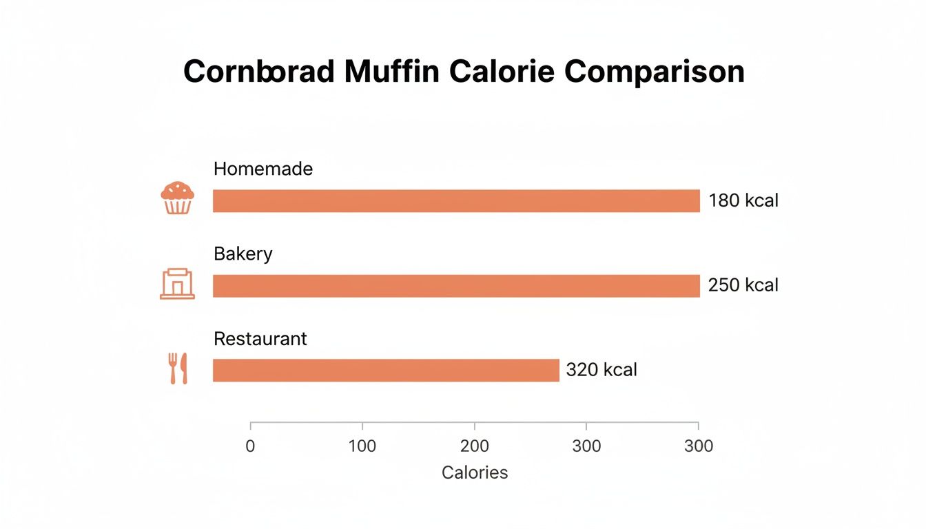 A bar chart showing cornbread muffin calorie comparison for homemade, bakery, and restaurant versions.