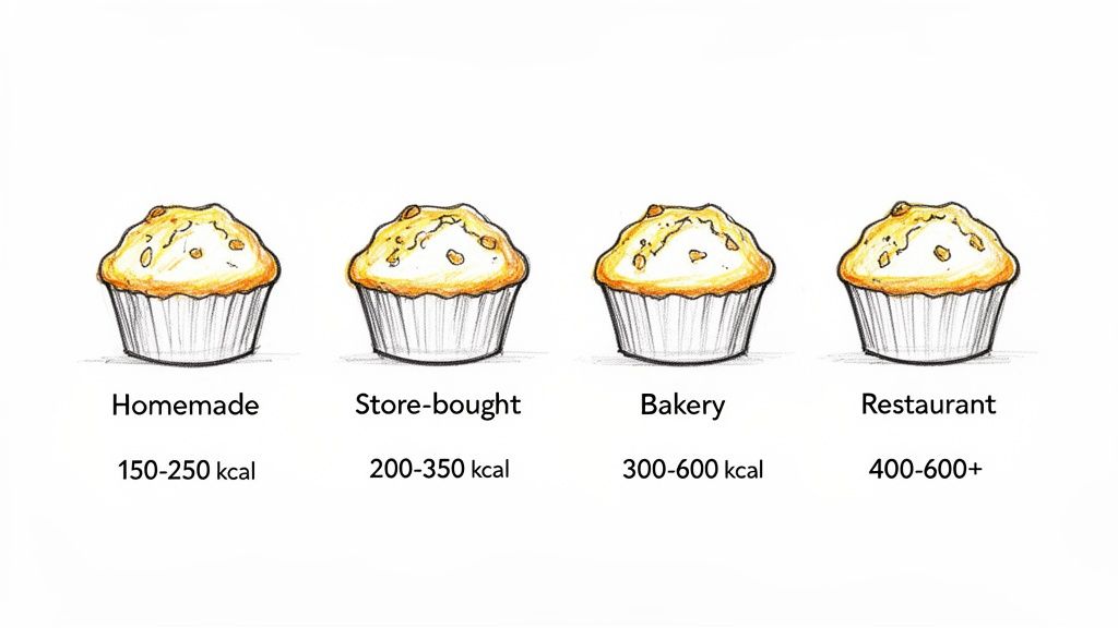 An illustration comparing calorie ranges for homemade, store-bought, bakery, and restaurant muffins.