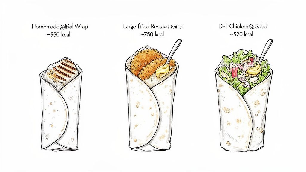 Three illustrated wraps showing calorie differences: homemade (350 kcal), fried restaurant (750 kcal), and deli chicken salad (520 kcal).