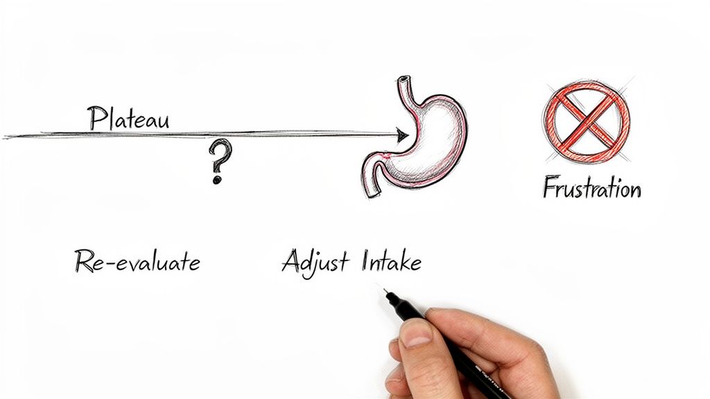 A hand-drawn illustration depicting the concept of hitting a weight loss plateau and overcoming subsequent frustration.