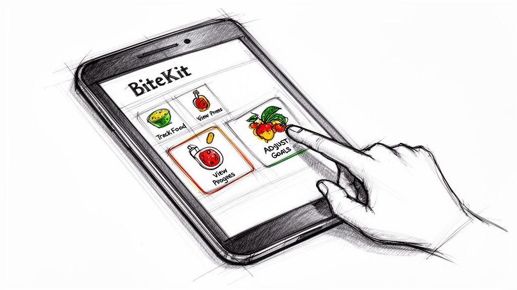 A hand interacting with a nutrition tracking application on a tablet screen labeled BiteKit with goal options.