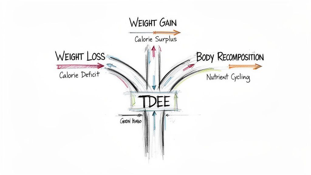 A hand-drawn flowchart illustrating how TDEE relates to weight loss, weight gain, and body recomposition goals.