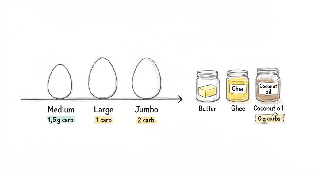 Illustration comparing carb content in different egg sizes (Medium, Large, Jumbo) and zero carbs in coconut oil.