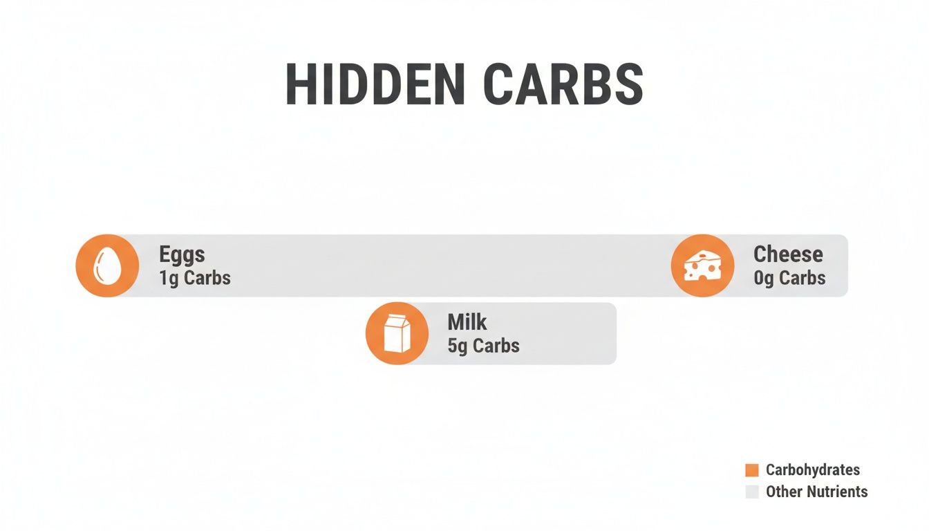 Nutritional graphic displaying hidden carbohydrates in eggs, milk, and cheese, with specific carb counts.