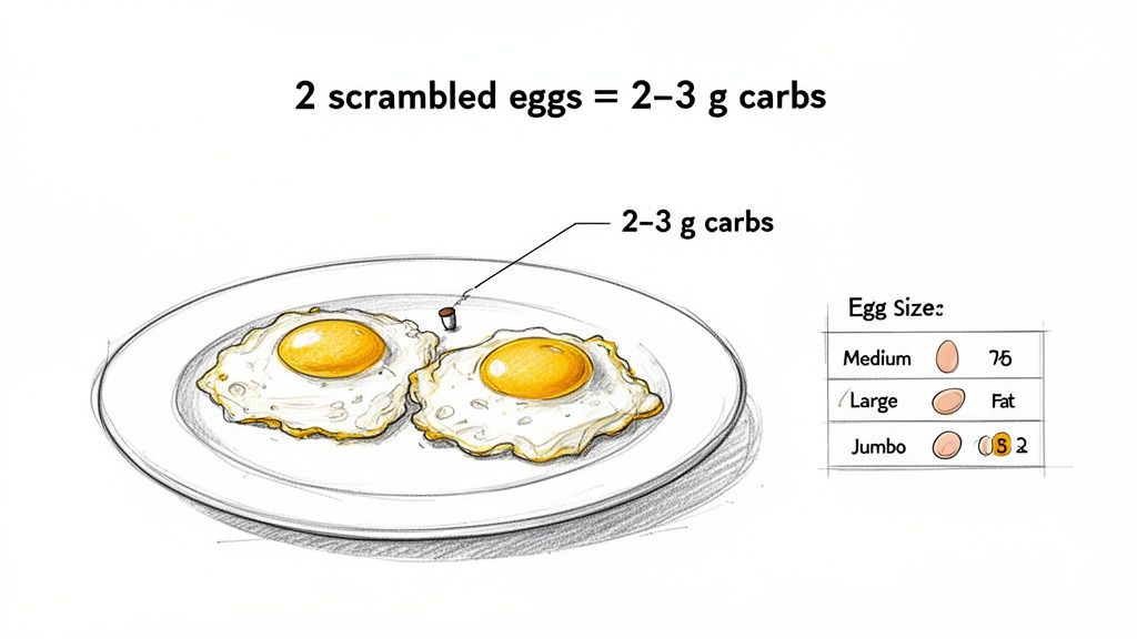 An illustration showing two fried eggs on a plate, detailing their carb content and different egg sizes.
