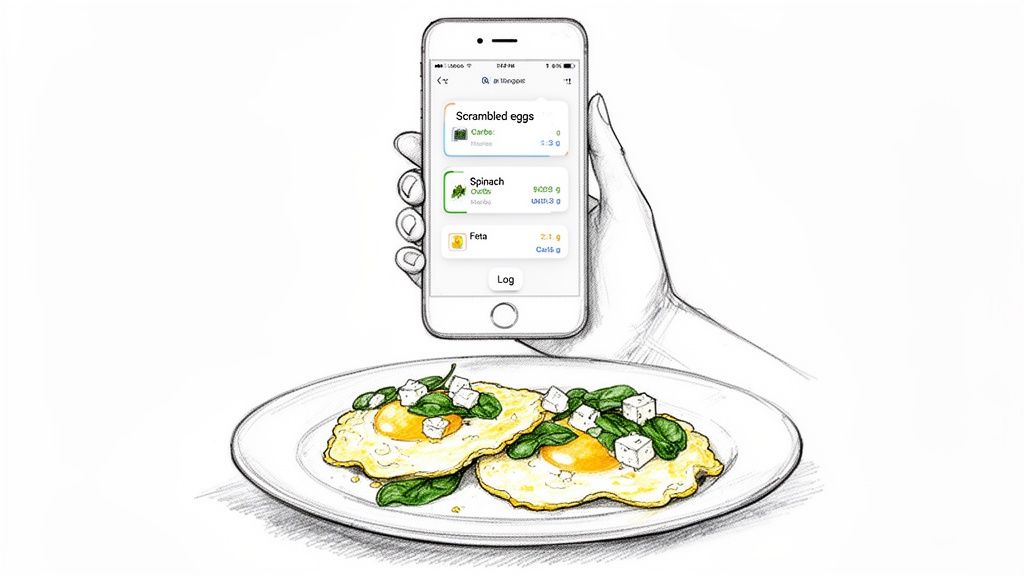Hand holds smartphone displaying a food tracking app over a plate of scrambled eggs, spinach, and feta.