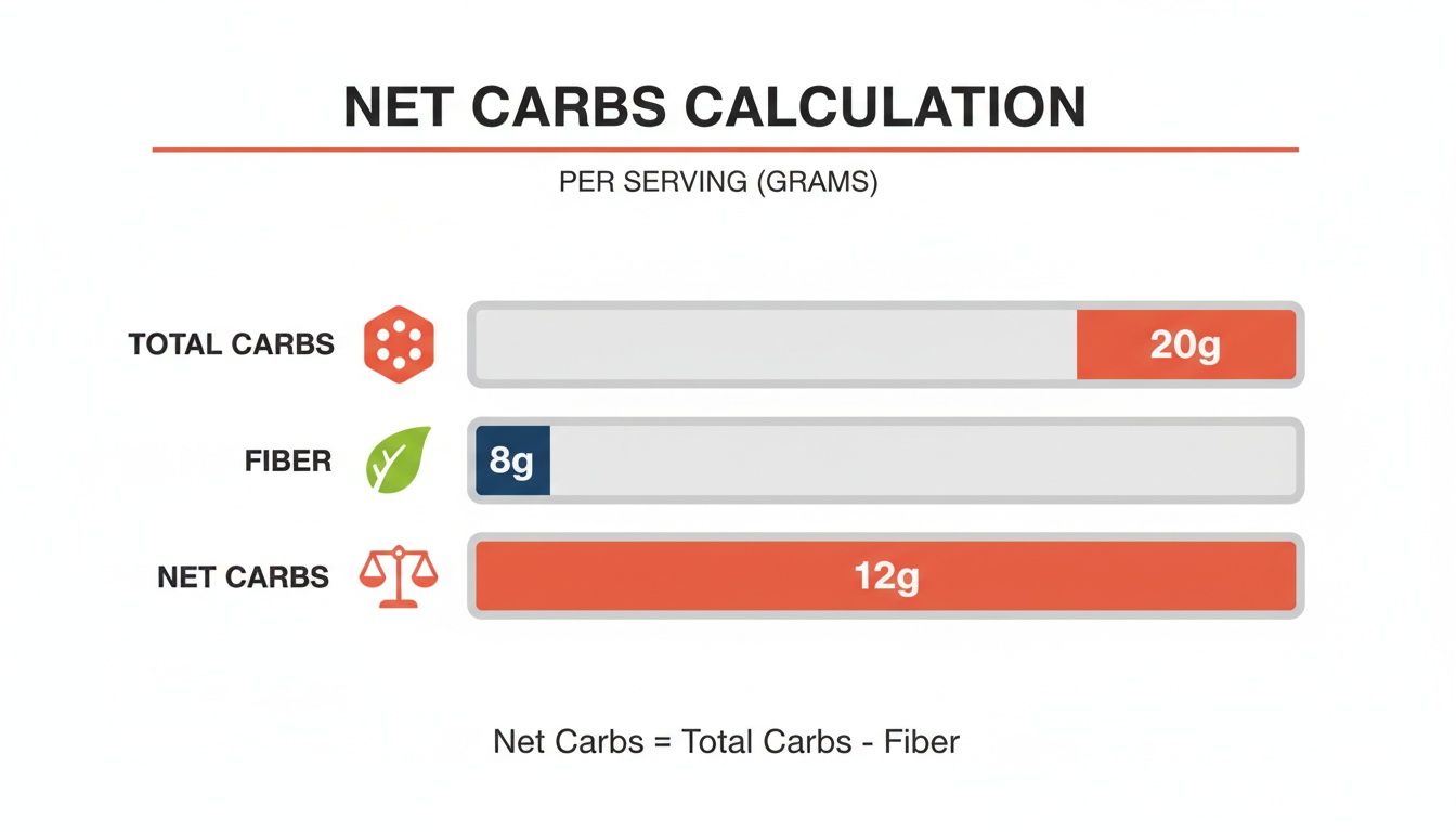 An infographic explaining net carb calculation: 20g total carbs minus 8g fiber equals 12g net carbs.