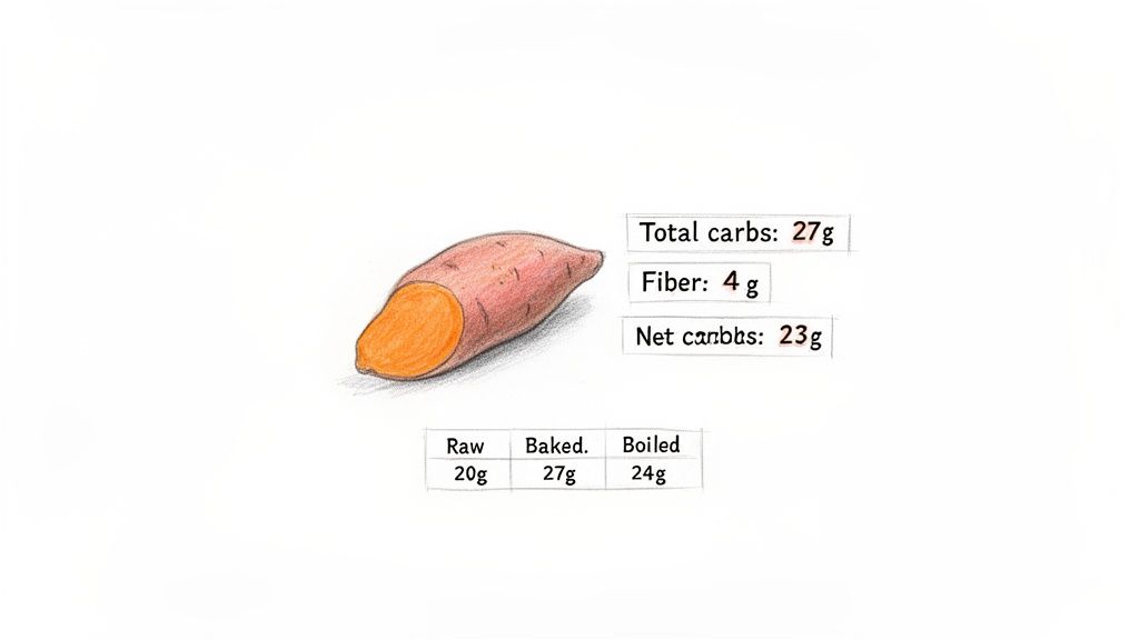 Illustration of a sweet potato showing total, fiber, and net carbs, plus values for raw, baked, and boiled.