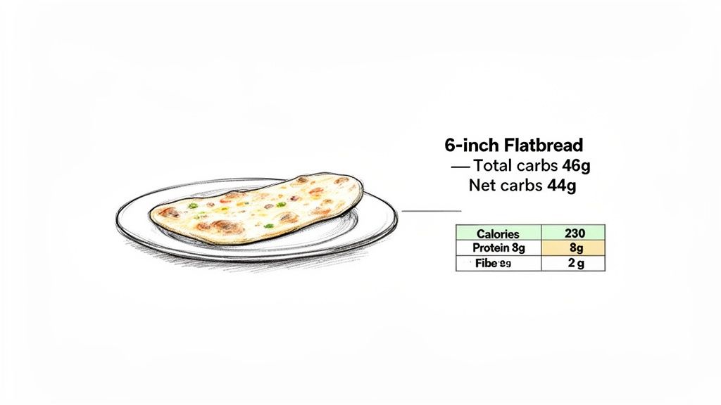 A 6-inch flatbread on a plate next to its nutritional facts, showing 230 calories and 46g total carbs.