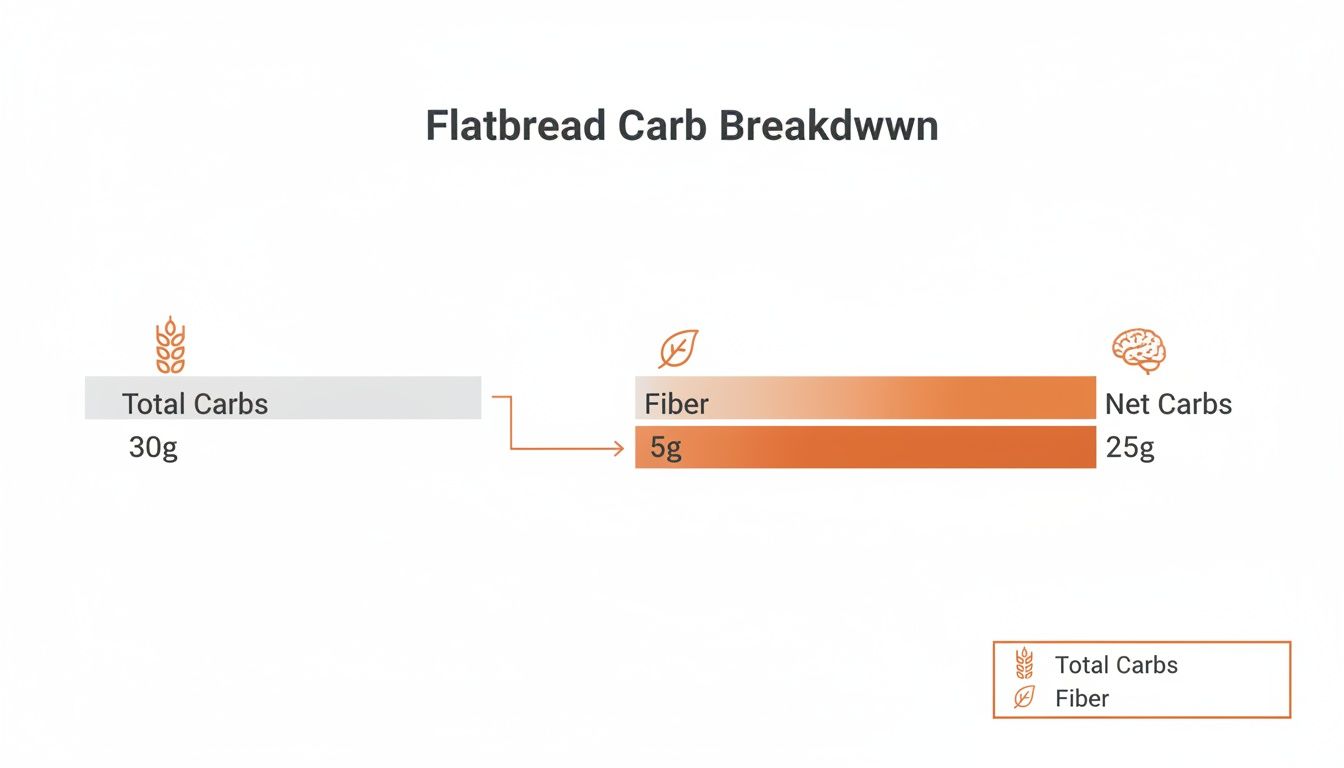 Infographic showing a flatbread carb breakdown: 30g total carbs, 5g fiber, 25g net carbs.