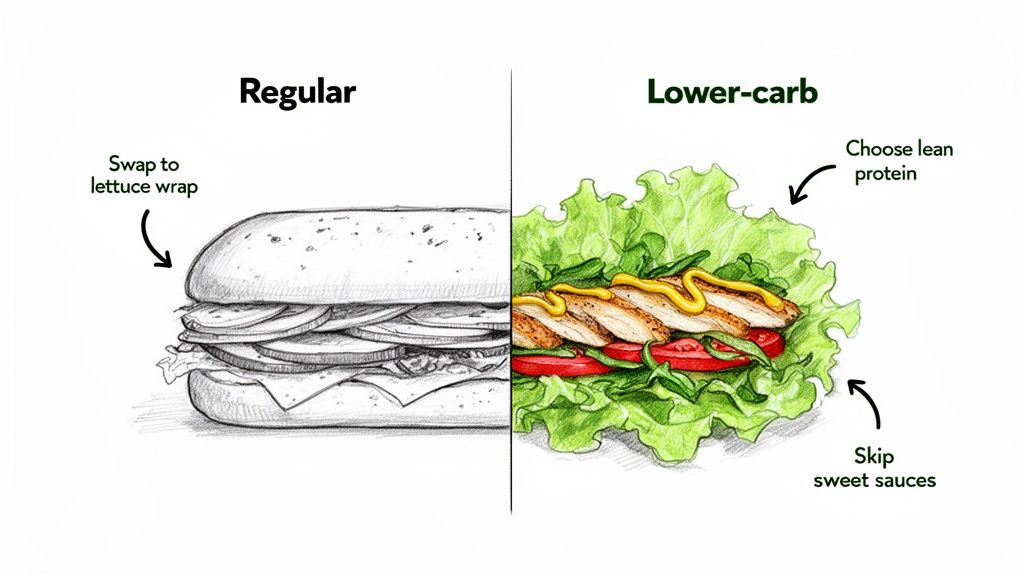 Comparison of regular sandwich versus lower-carb lettuce wrap, highlighting tips for healthier food choices.