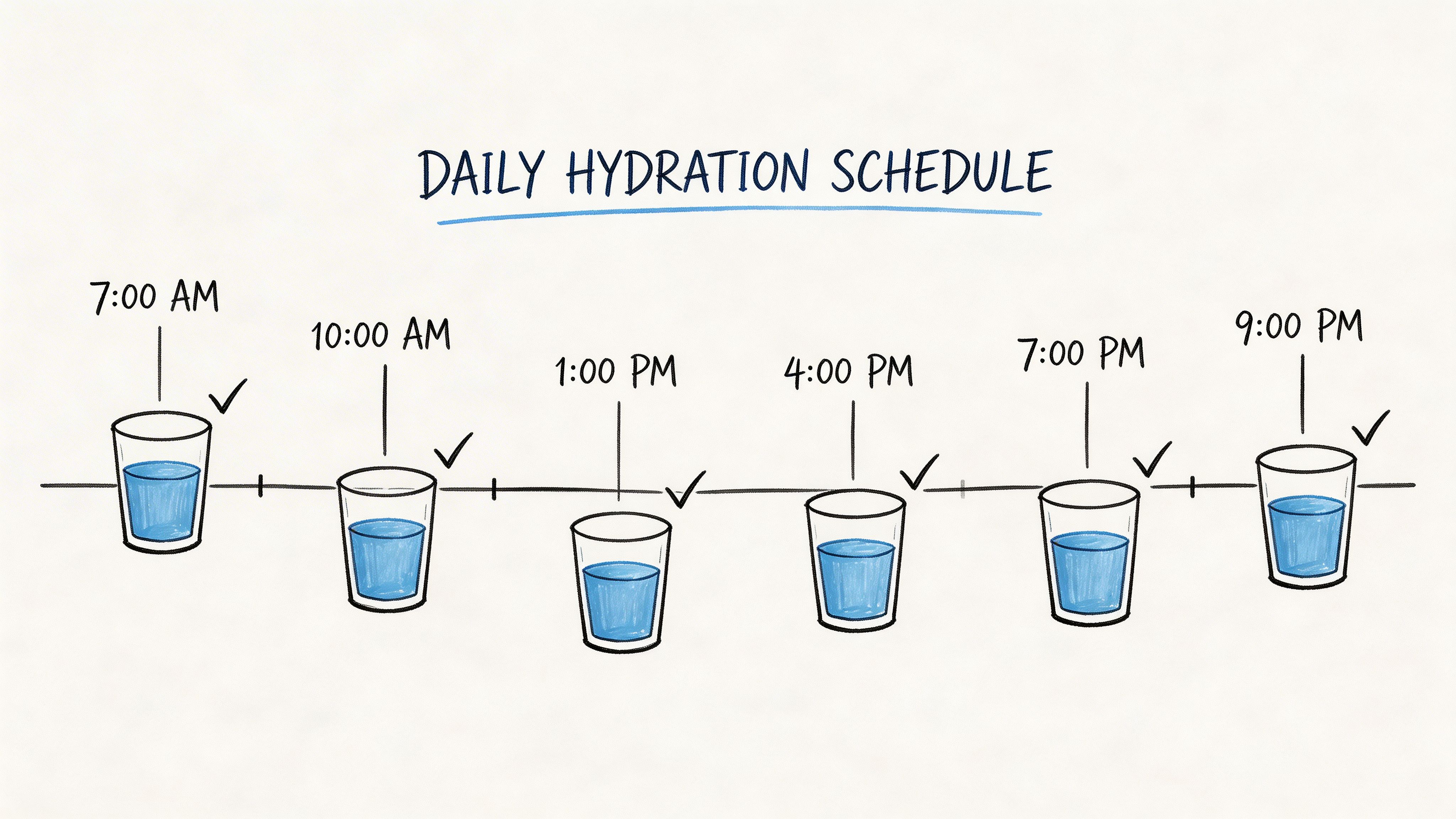 A hand-drawn daily hydration schedule chart showing six check-marked glasses of water at specific times throughout the day.