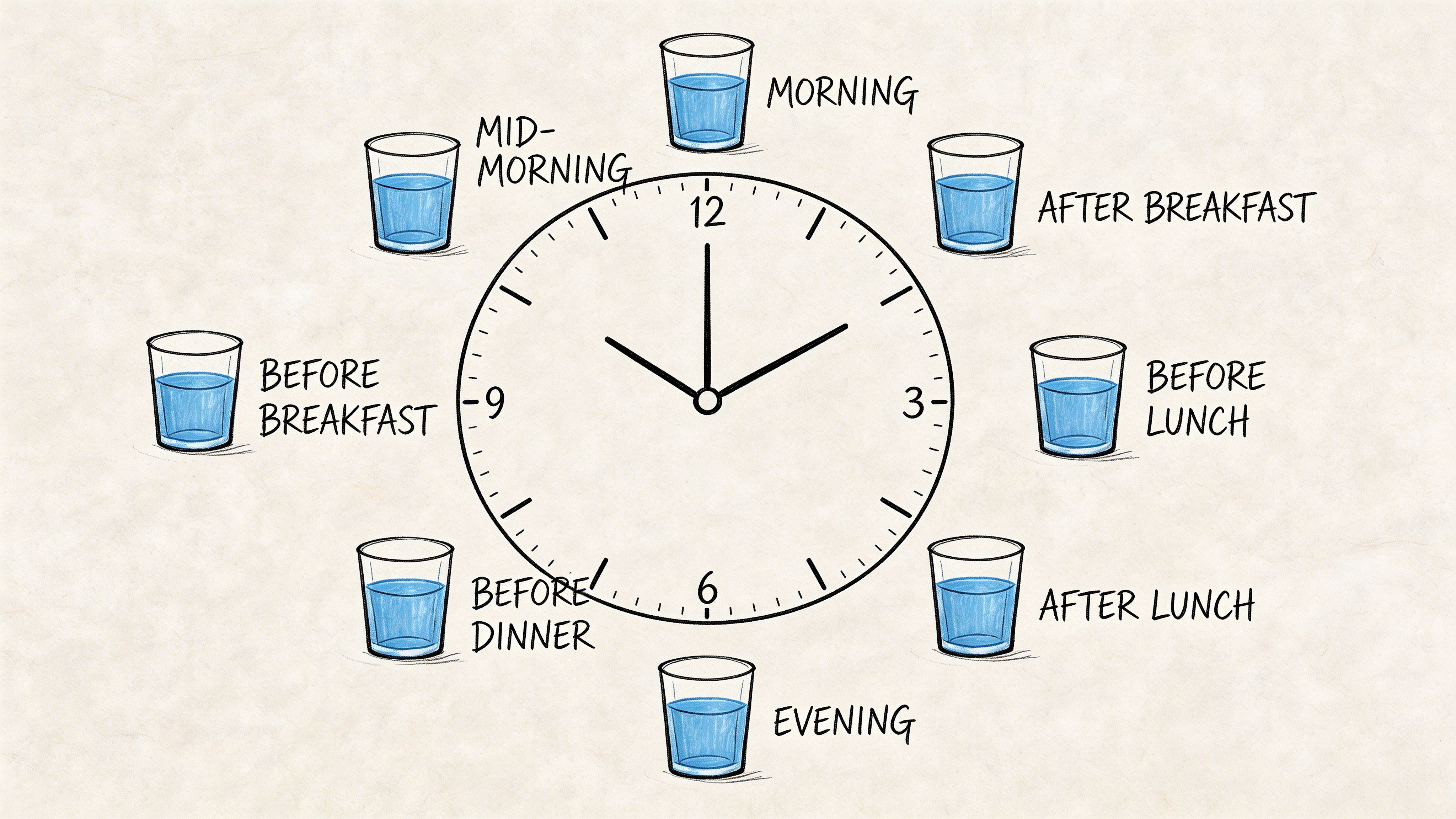 A clock diagram showing eight recommended times throughout the day to drink water for health benefits.