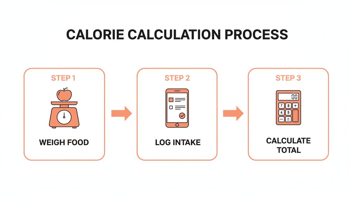 A three-step flowchart illustrating the calorie calculation process: weigh food, log intake, and calculate total.
