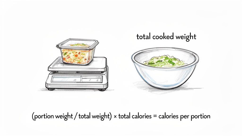 Illustration showing a food scale, a bowl of food, and a calorie calculation formula for portions.