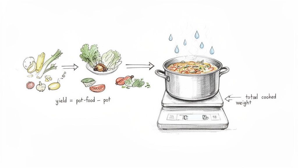 An illustration of measuring food yield: from raw ingredients and scraps to a cooked pot on a kitchen scale.