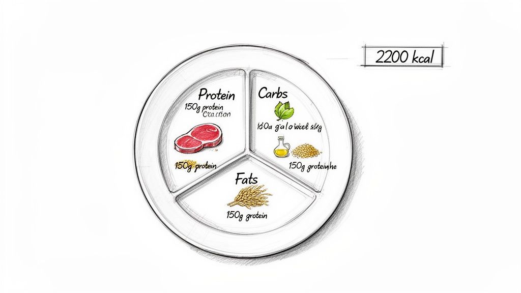 A segmented plate illustrating a daily diet plan with sections for protein, carbs, and fats, totaling 2200 kcal.