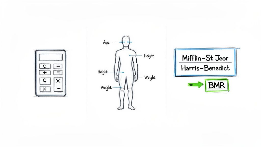 Visual guide showing a calculator, human body inputs (age, height, weight), and formulas (Mifflin-St Jeor, Harris-Benedict) for BMR calculation.
