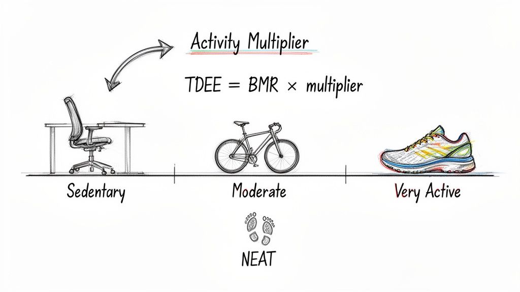A diagram explaining TDEE calculation with BMR and activity multipliers for different lifestyle levels.