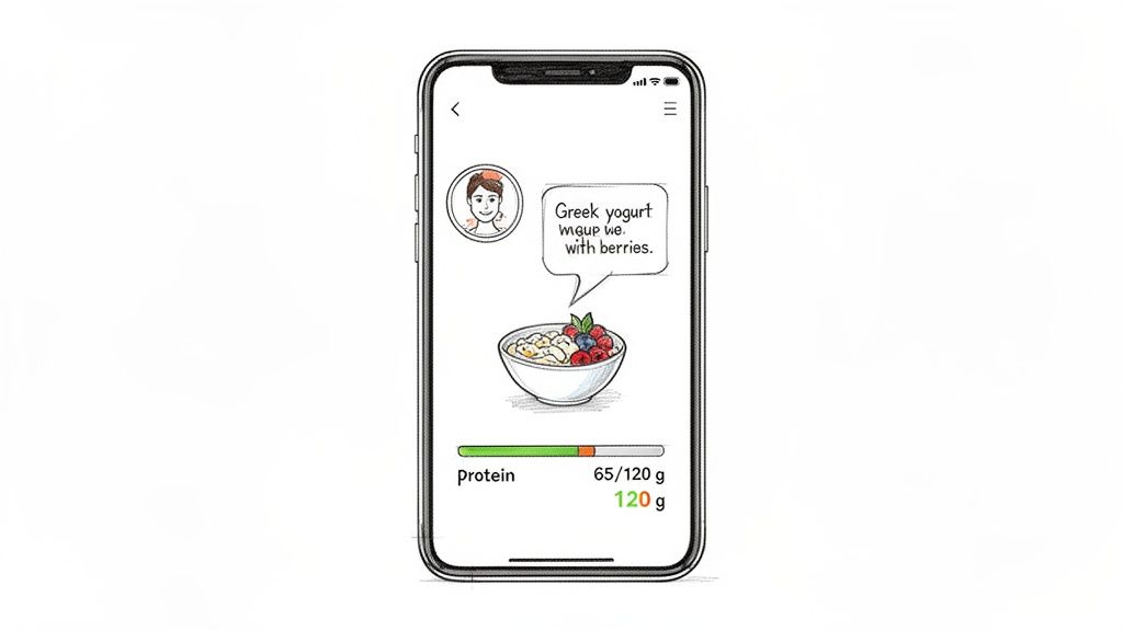A smartphone app screen showing a user logging Greek yogurt with berries and tracking 65/120g protein intake.