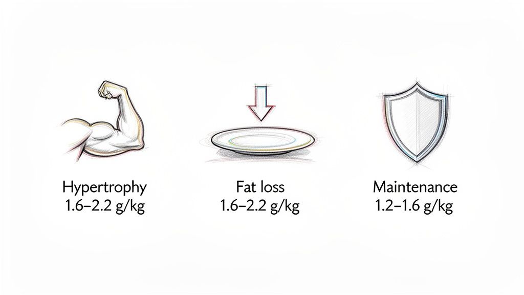 An infographic illustrating protein intake recommendations for hypertrophy, fat loss, and muscle maintenance.