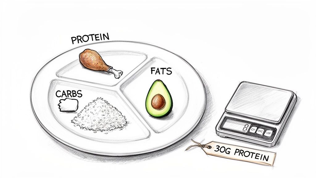 A segmented plate illustrating protein, carbs, and fats, alongside a scale measuring 30g protein.