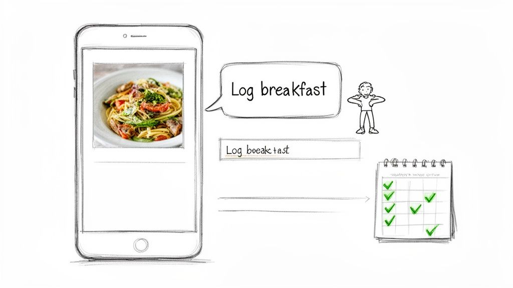 A sketch showing a smartphone with pasta, a person logging breakfast, and a calendar tracking food intake.