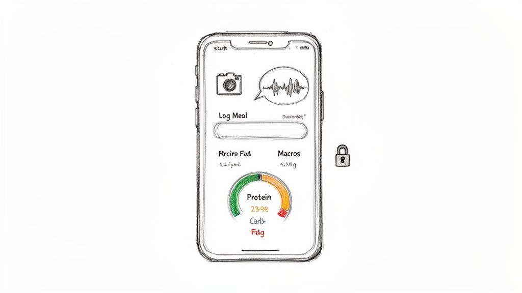 A hand-drawn sketch of a smartphone app for meal logging and macronutrient tracking.