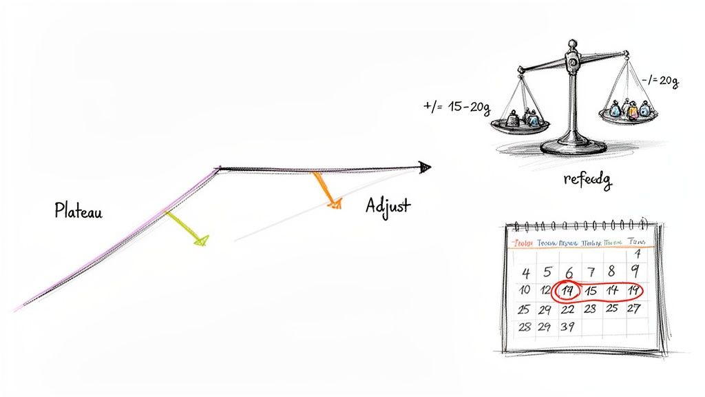 An illustration showing a progress graph with 'Plateau' and 'Adjust' points, a weight scale with 'refeedg' and weights, and a calendar with circled dates, symbolizing a fat loss strategy.