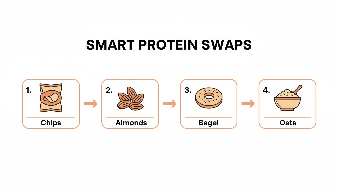 An infographic titled 'Smart Protein Swaps' showing chips, almonds, a bagel, and oats as food options.