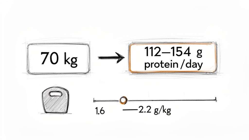 Visual guide calculating daily protein intake for a 70kg individual, ranging 112-154g based on 1.6-2.2g/kg.
