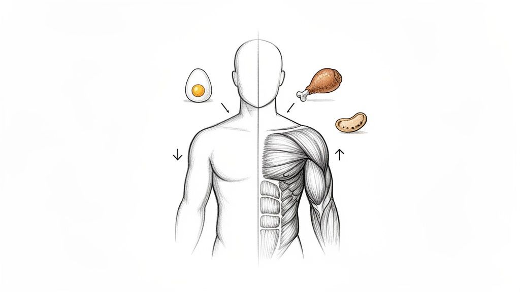 Illustration of a human torso, half skin and half muscle, with an egg, chicken leg, and bean, representing protein for muscle growth.
