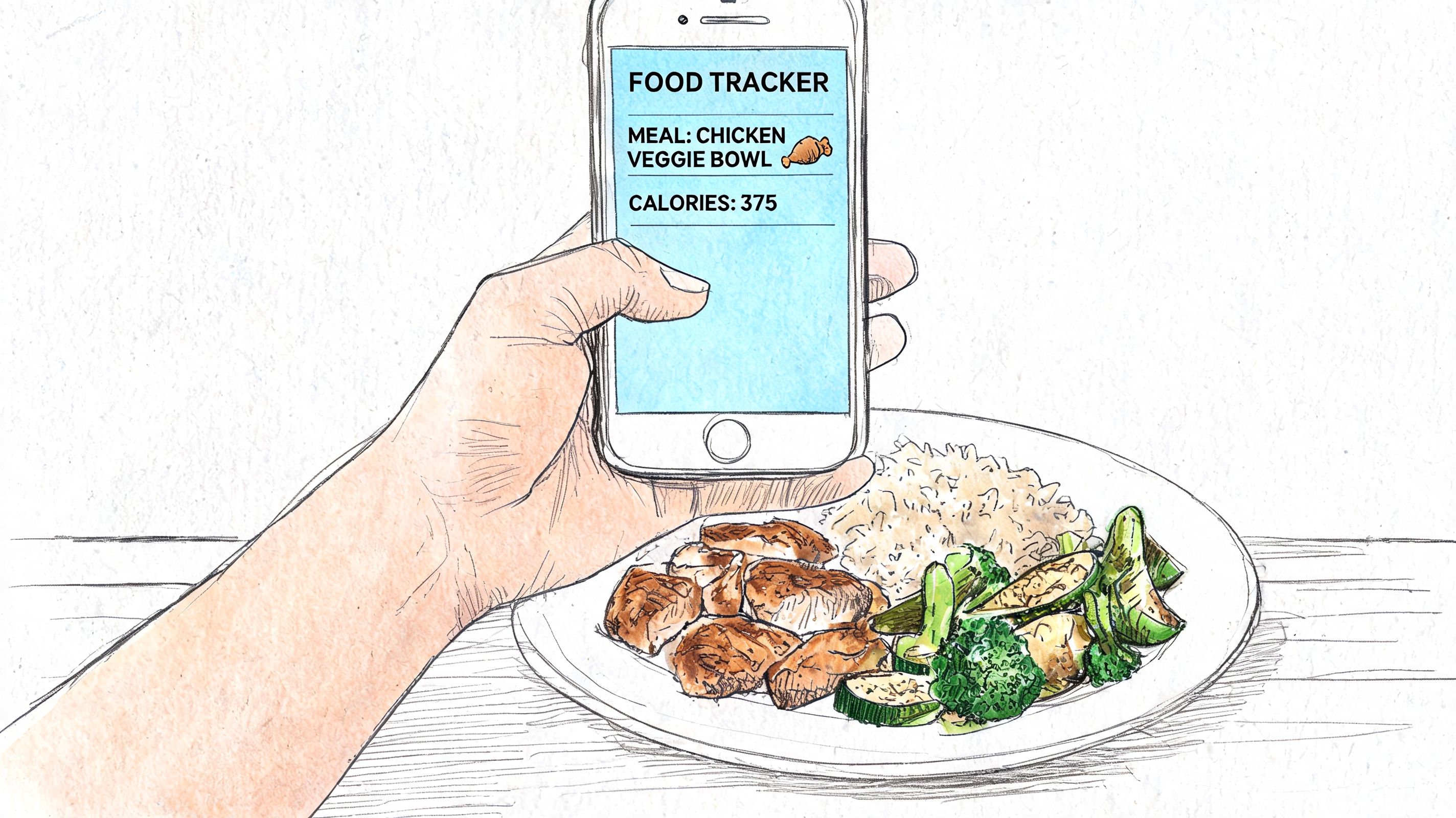 A hand holding a smartphone displaying a food tracker app next to a healthy meal of chicken.