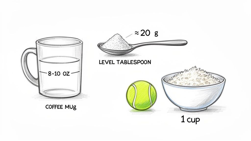 Hand-drawn guide illustrating different food portion sizes using a mug, tablespoon, tennis ball, and bowl.