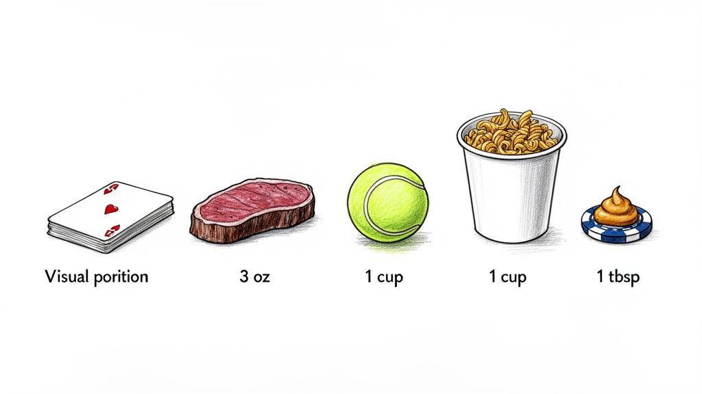 Visual guide demonstrating food portion sizes using common objects like cards, steak, tennis ball, pasta, and a poker chip.