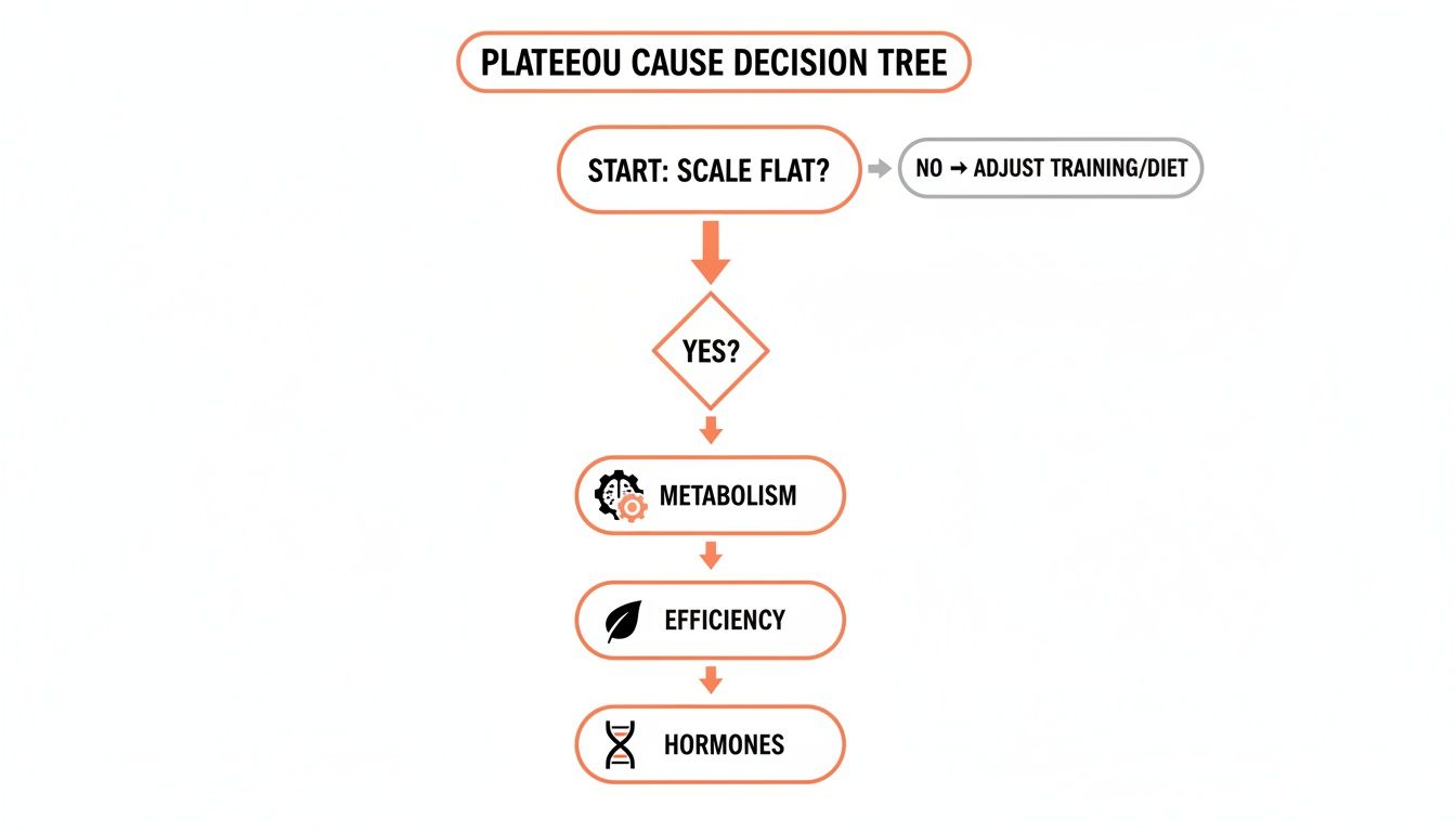 A flowchart decision tree titled 'Plateau Cause Decision Tree' for weight loss, including steps like 'Scale Flat?', 'Metabolism', 'Efficiency', and 'Hormones'.