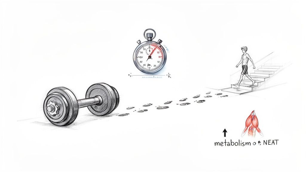 A visual representation of factors influencing metabolism and weight loss: exercise, time, movement, and NEAT.