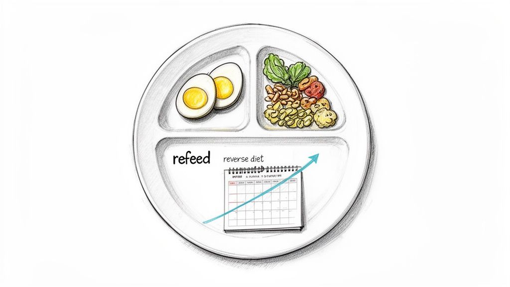 A divided plate illustrating refeed and reverse diet strategies with eggs, mixed food, and a calendar.