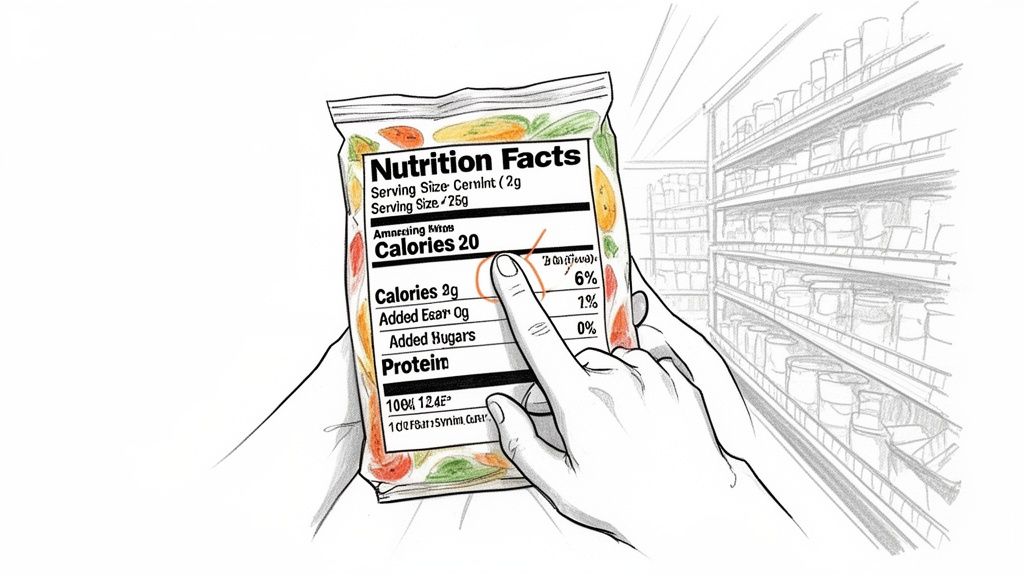 Hands holding a food package, pointing at the 'Calories 20' section of the nutrition facts label.