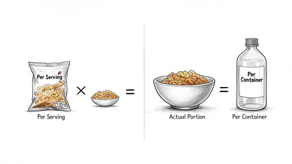 Illustration explaining how multiple servings combine to form an actual portion, leading to a container's total.