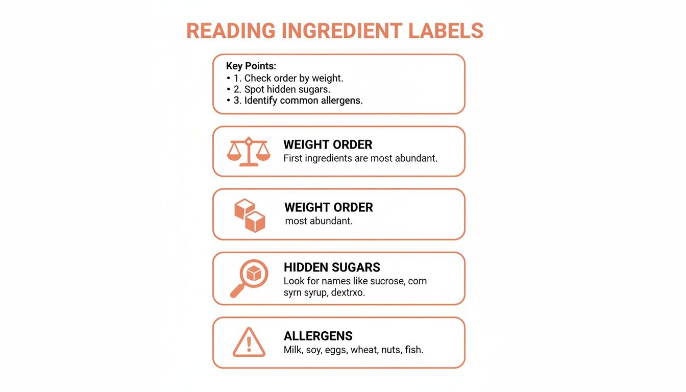 A guide on reading ingredient labels, covering ingredient weight order, hidden sugars, and common allergens.