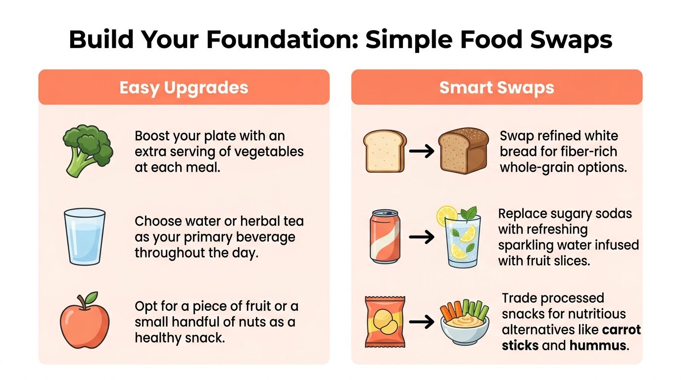 An infographic showing healthy eating tips, including vegetable additions, water hydration, and smart food swaps for better nutrition.